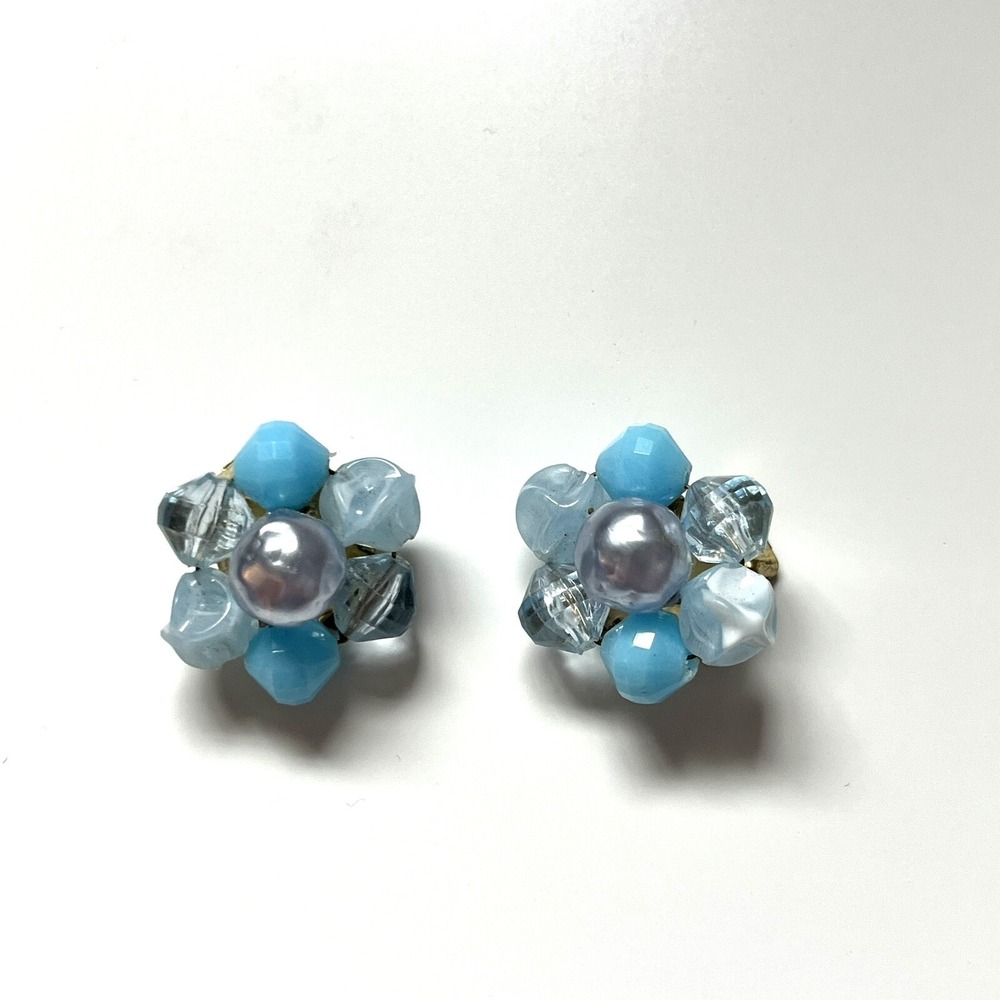 Vintage Light Blue Cluster Bead With Pearl Clip On Earrings Signed Germany